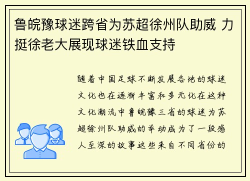 鲁皖豫球迷跨省为苏超徐州队助威 力挺徐老大展现球迷铁血支持