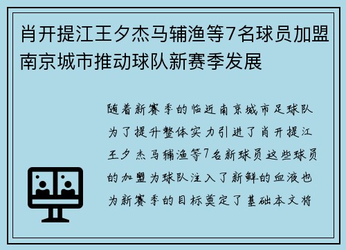 肖开提江王夕杰马辅渔等7名球员加盟南京城市推动球队新赛季发展